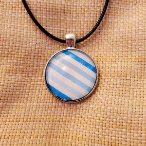 Blue Striped Glass Cabochon Pendant - Handmade